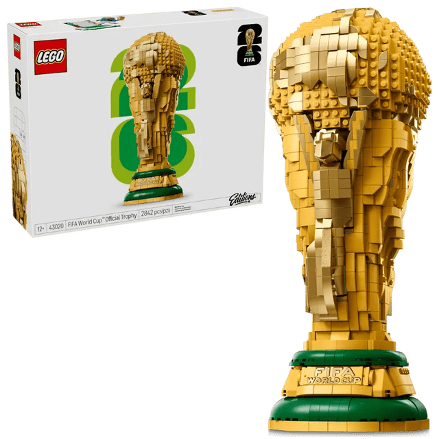 LEGO Special Edition FIFA World Cup Trophy Set 14.5 in. (36 cm) collectible trophy replica with two spiraling figures holding a globe, lower plaque naming past winners, top globe opens to reveal FIFA World Cup 2026 branded minifigure with mini trophy; removable scene can be displayed beside the LEGO model, suitable as soccer decor and shelf display, 2,842 pieces.