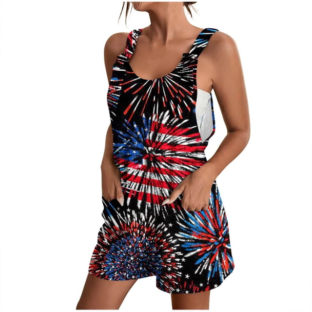Penkiiy Fête de l'Indépendance pour Femme Été Confortable Décontracté Bretelles Imprimé Shorts Poche Combinaison Shorts S Multicolore