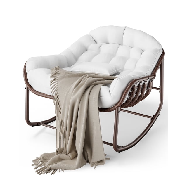 Oversized Patio Papasan Rocking Chair,Wicker Lounge Chair with Cushion and Metal Frame,Water-Resistant Cushion,450 lbs Capacity for Outdoor, Balcony, Porch, Backyard, Living Room