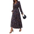 thumbnail image 3 of Robe Maxi Évasée à Imprimé Floral pour Femme, Col en V, Manches Longues, Décontractée, Portefeuille, Automne, Plage, Évasée, 3 of 9