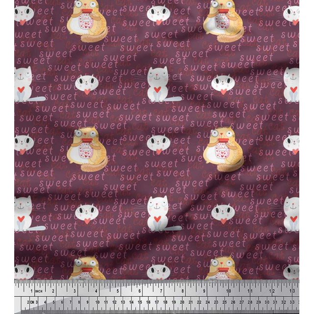 Soimoi Poly Crepe Fabric Sweet Cat Kids Print Sewing Fabric Yard 52 Inch Wide