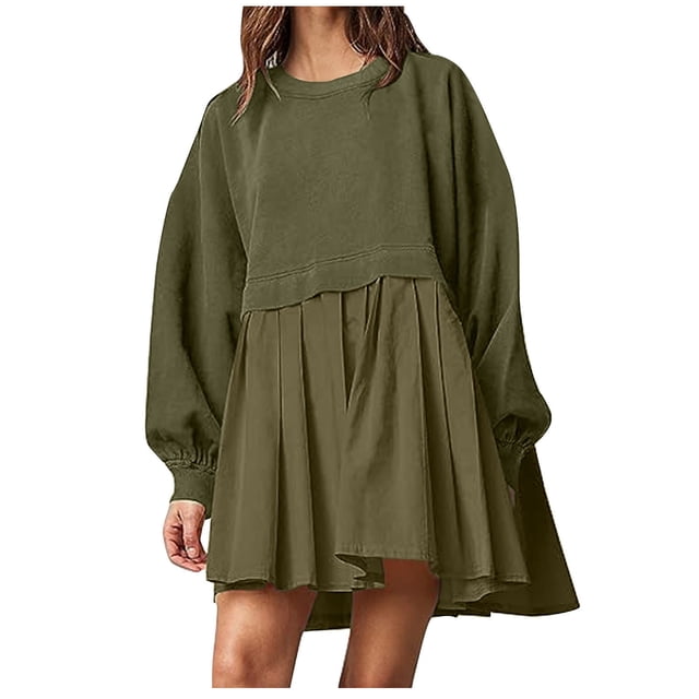 Pisexur Robe Chandail Surdimensionnée pour Femmes, Col Rond, Manches Longues, Patchwork, Robe d'Automne, Chandail à Enfiler, Hauts Amples et Fluides, Robe Chandail, Mini-Robe