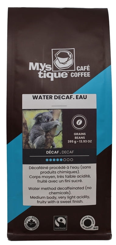 Mystique Coffee, Water DECAF Eau, water methode Decaffeinated, Dark roast,  whole bean coffee 100% arabica, Fairtrade & Organic, Beans, 395g