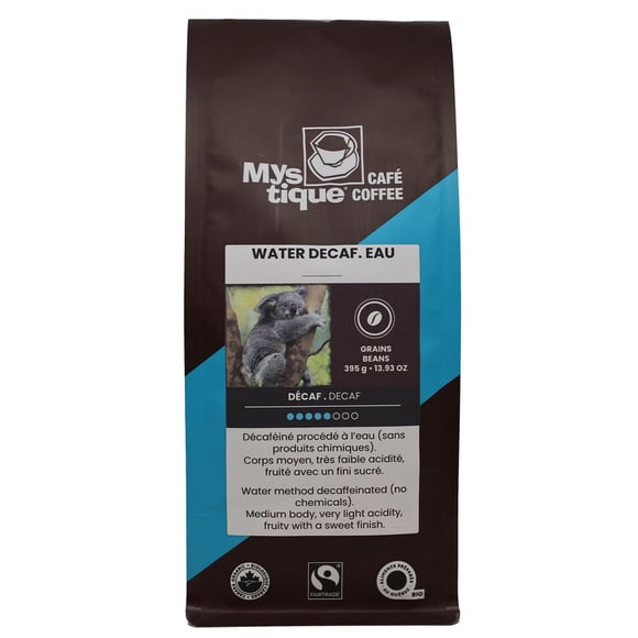 Mystique Coffee, Water DECAF Eau, water methode Decaffeinated, Dark roast, whole bean coffee 100% arabica, Fairtrade & Organic, Beans, 395g