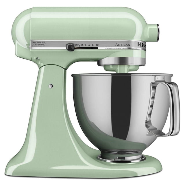 KitchenAid® Artisan® Series 5-Quart Tilt-Head Stand Mixer in pastel green with a 5-quart stainless steel bowl featuring a handle, tilt-head design for easy ingredient access, and a 10-speed control lever from stir to 10, suitable for mixing, kneading, and whipping; compatible with optional attachments for pasta making and grinding.