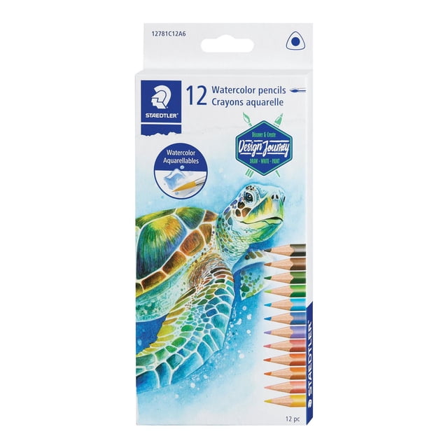 Staedtler Watercolour Pencil Set with 12 watercolour pencils in a white box featuring a detailed green sea turtle illustration and blue watercolor background, showcasing vibrant, water-soluble colour cores ideal for blending and watercolor techniques, suitable for artists and hobbyists.