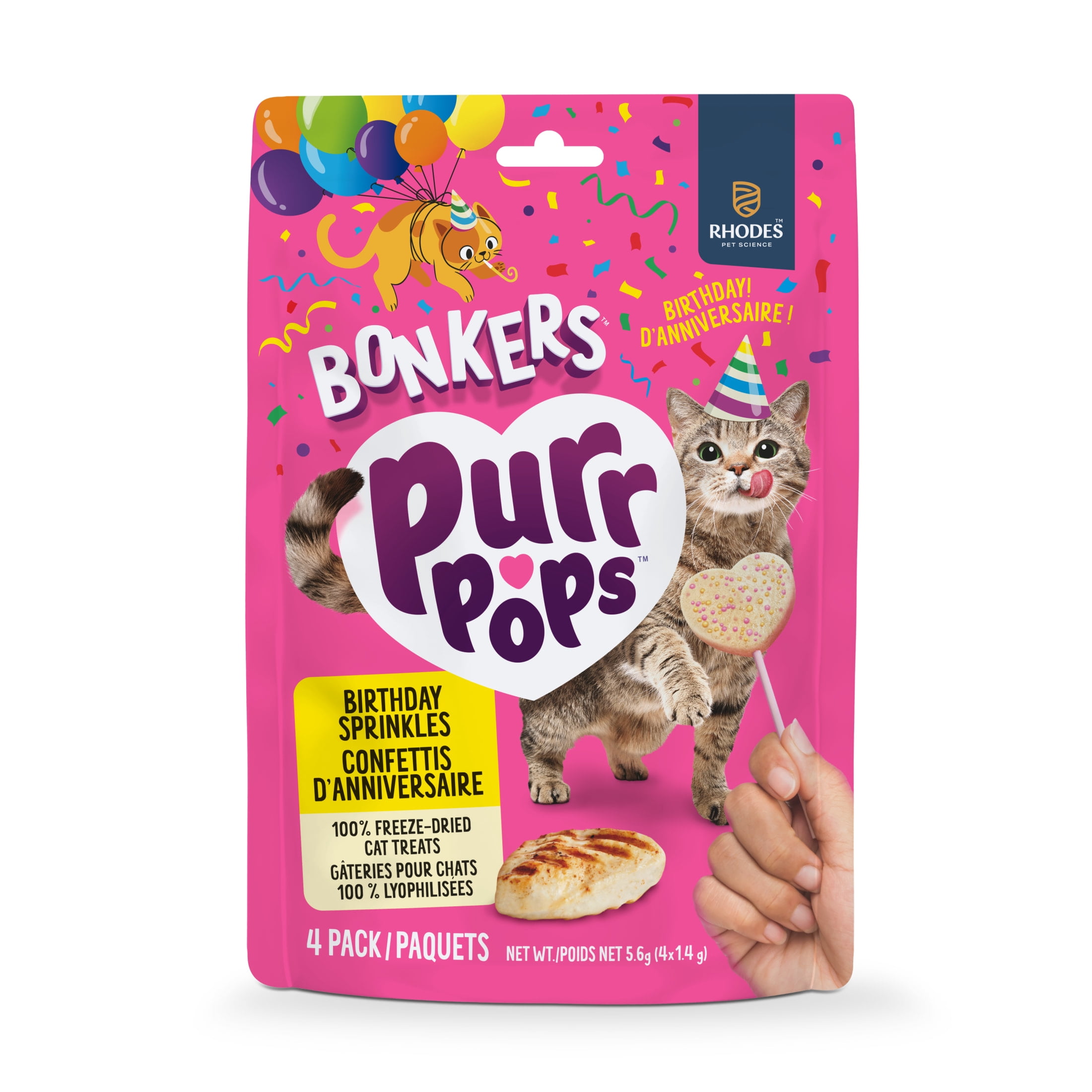 BONKERS Purrpops Suçons pour chat lyophilisés à saveur de poulet, édition Gâteau d’anniversaire, emballage de 4