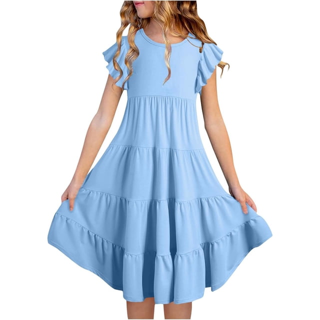 Robes d'Été pour Filles à Double Couche, Manches Volantées, Robe Fluide Évasée, Robe Midi Décontractée à Dégradé