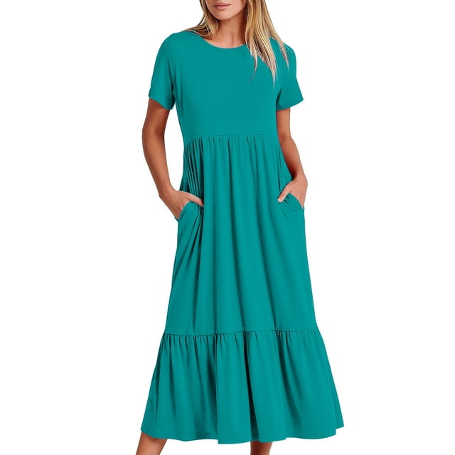 Robes pour Femmes 2024 Été Surdimensionnée Décontractée à Manches Courtes Col Rond Robe Décontractée Fluide à Étages Maxi de Plage avec Poches Rabais de 50 % Liquidation!