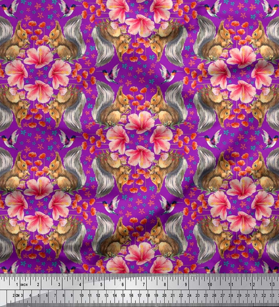 Soimoi Cotton Duck Fabric Floral,Hummingbird & Squirrel Animal Print Fabric by The Yard 56 Inch Wide