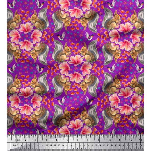 Soimoi Poly Georgette Fabric Floral,Hummingbird & Squirrel Animal Fabric Prints by Yard 52 Inch Wide
