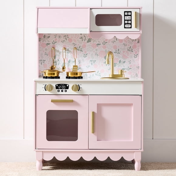 Best Choice Products Cuisine de Jeu en Bois pour Enfants Style Chalet avec 5 Accessoires et Rangement pour Jouets - Rose