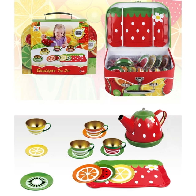 Fwttom Tea Party Set, Children Pretend Play Toy,Children's Home Simulation Tea Set, Tin Teapot, Tea Cup, Toy, Portable Gift Box Set