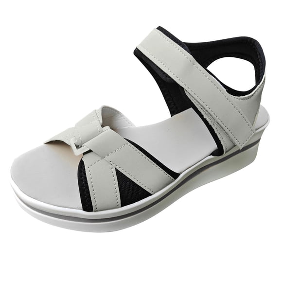 Sandales en Cuir pour Femmes Bout Rond Ouvert Boucle Ajustable Plateforme Mules Mode Compensées à Enfiler Été Décontractées Antidérapantes Marche Plage Pantoufles Gris Taille 9