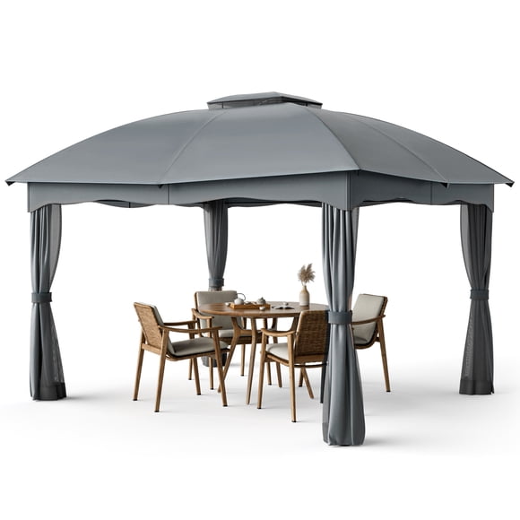 Gymax Pavillon de Terrasse 12 Pieds x 10 Pieds en Acier Robuste avec Auvent, Double Évent, Extérieur, Gris