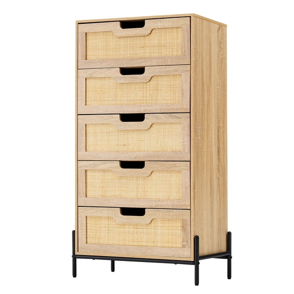 Commode Spacieuse en Rotin à 5 Tiroirs - Haute Commode en Bois, Style Ferme Moderne, Pattes en Métal, Armoire pour Chambre et Salon, Couleur Chêne