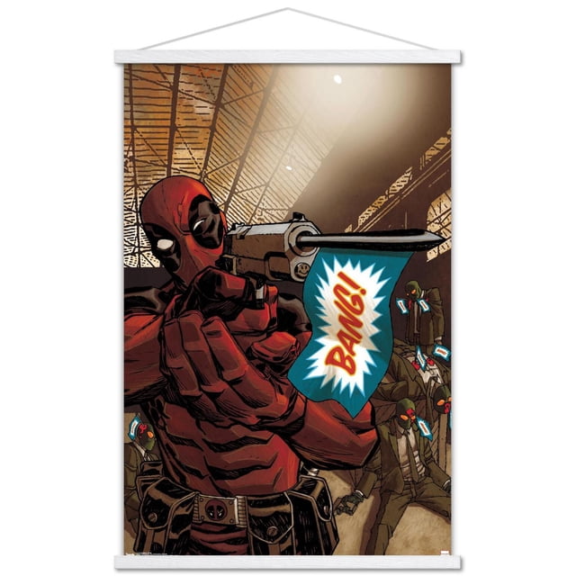 Marvel Comics - Deadpool - Bang Wall Poster, 22.375" x 34" featuring a front-facing comic illustration of Deadpool in red and black suit holding a revolver with a blue flag that reads 'BANG!' in red letters, set against a brown industrial background with masked figures in suits holding similar flags, suitable wall art for home or office decor.
