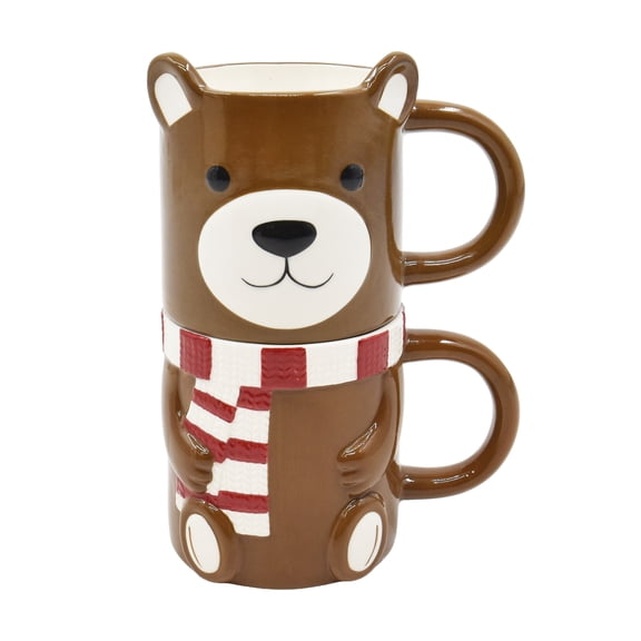 Holiday Time Cranberry Spice Kids Collection Ensemble de tasses empilables en forme d’ours de Noël, en grès, multicolore, vaisselle festive, 2 Pièces