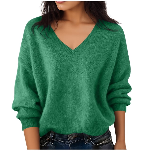 BLVB Chandails Chauds pour Femmes Col en V Classique Doux Chandail Confortable Ample Décontracté Manches Longues Automne Hiver