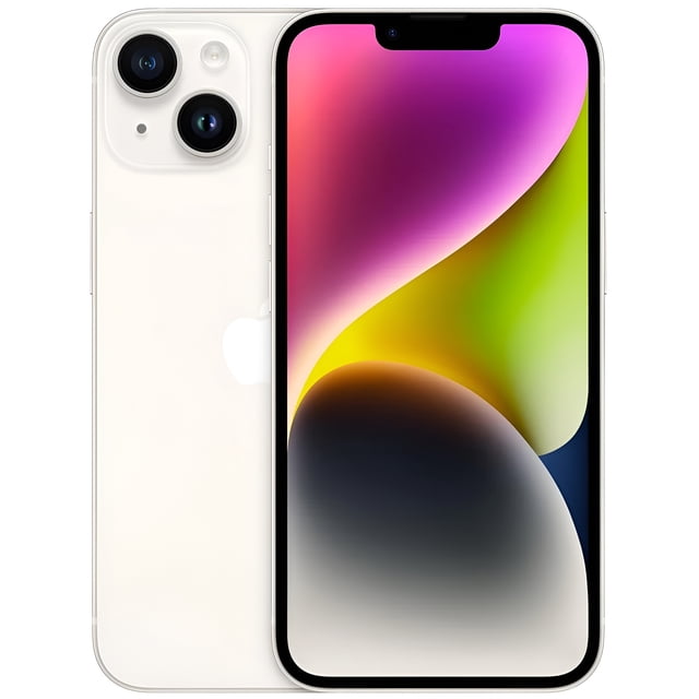 Refurbished Apple iPhone 14 in Starlight color with 128GB storage, featuring a 6.1-inch Super Retina XDR OLED display, dual 12MP rear cameras, and a 12MP TrueDepth front camera. Powered by the A15 Bionic chip, this fully unlocked smartphone is in excellent condition, showcasing its sleek design and vibrant screen.