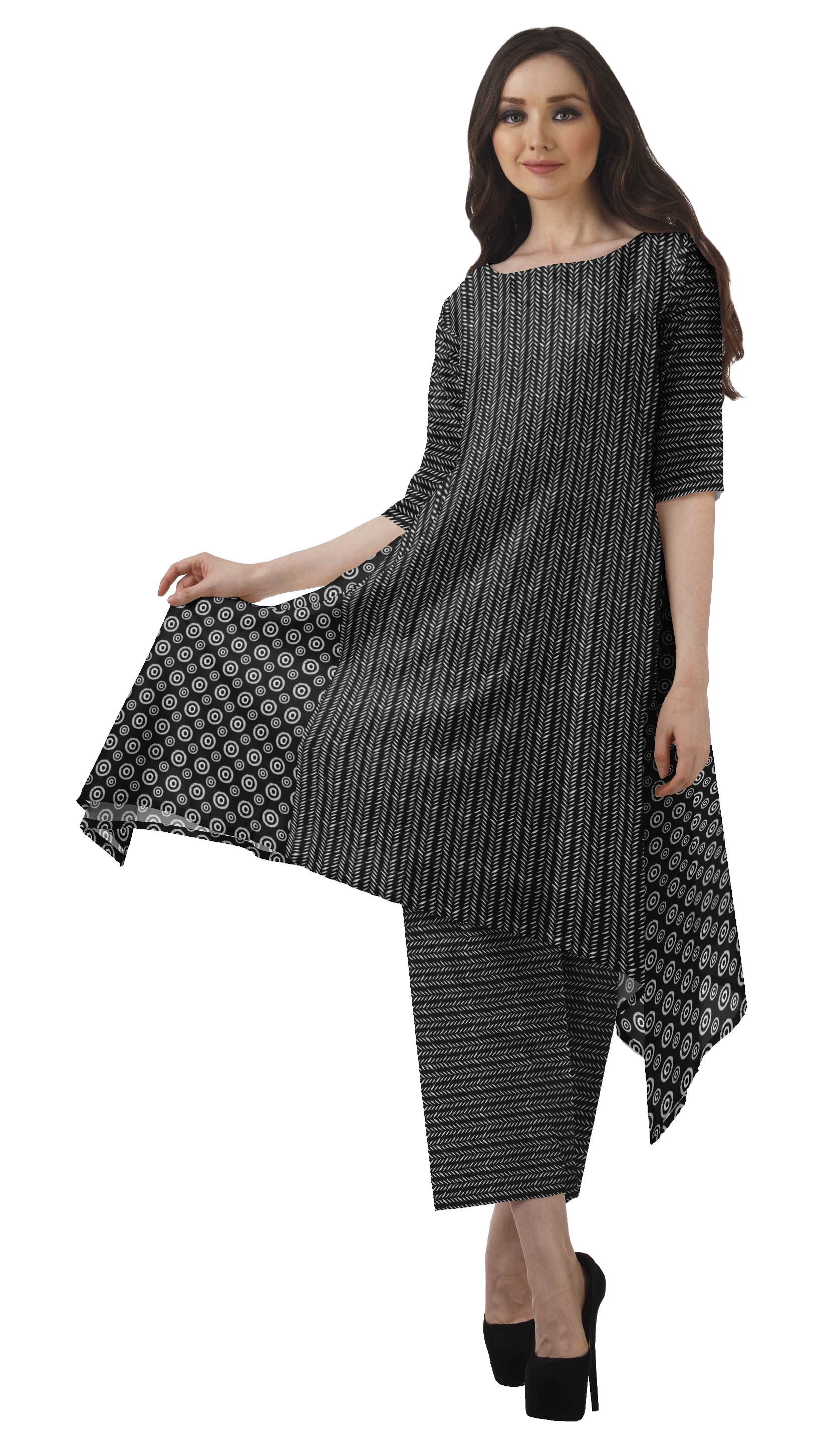 Moomaya Ensemble Kurti Asymétrique Imprimé pour Femme Grande Taille, Chanderi en Coton, 1 Unité