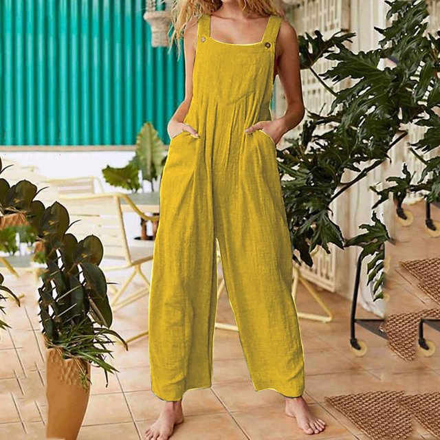LSLJS Combinaisons Décontractées pour Femmes Sans Manches à Bretelles Spaghetti Amples Unies Combinaisons Extensibles à Jambes Larges avec Poches