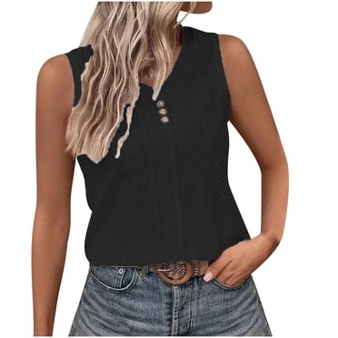 Timegard Womens Tank Tops Eyelet V Neck Button Slim Fitting Sleeveless Tops Casual Summer Beach Vacation