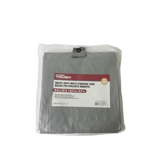 Hyper Tough Heavy Duty Tarp folded in clear packaging, showing a grey waterproof polyethylene tarp with reinforced grommets and edges, sized 9 ft x 12 ft (2.7 m x 3.7 m), offering weather resistance and UV protection, ideal for camping, vehicle, or equipment coverage.