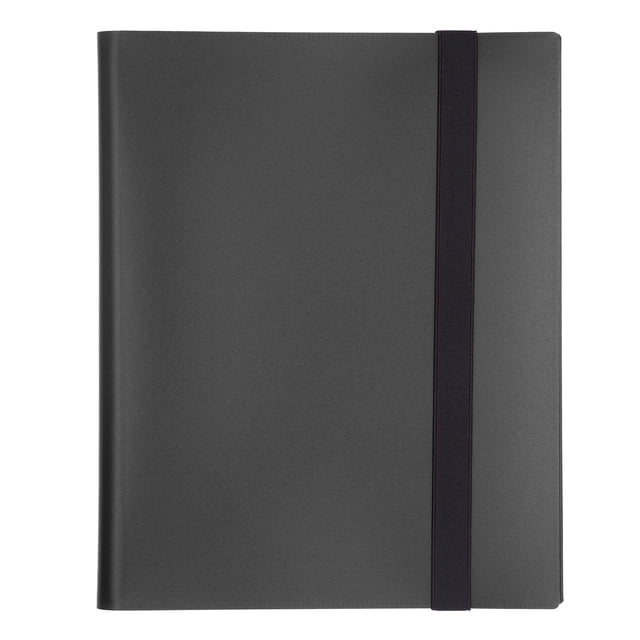 Card Binder, Trading Card Binder Large Capacity 9 Pocket PP Material for home and game card storage in black. Features a durable PP material construction with a sleek black cover and elastic strap closure. Includes 20 pages with 9 pockets per page, accommodating up to 360 cards. Designed for safe storage, it is PVC and acid-free, ensuring cards remain protected. Suitable for trading cards, game cards, or photo albums.