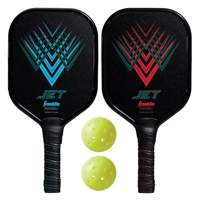 Jet 2 Player Paddle X-40 Set with two black aluminum pickleball paddles featuring blue and red geometric designs and matching grip stitching, plus two yellow X-40 outdoor pickleballs approved for USA Pickleball play, suitable for beginners and casual games.