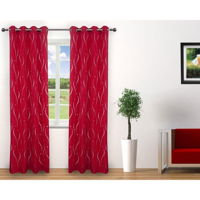 Gouchee Home Mia Grommet Panel in red with silver wavy lines and dots, sheer curtain panels hanging from a silver metal rod with grommets, displayed in a bright room with a window overlooking green landscape, beside a white planter with a small tree and a red sofa with metal frame.