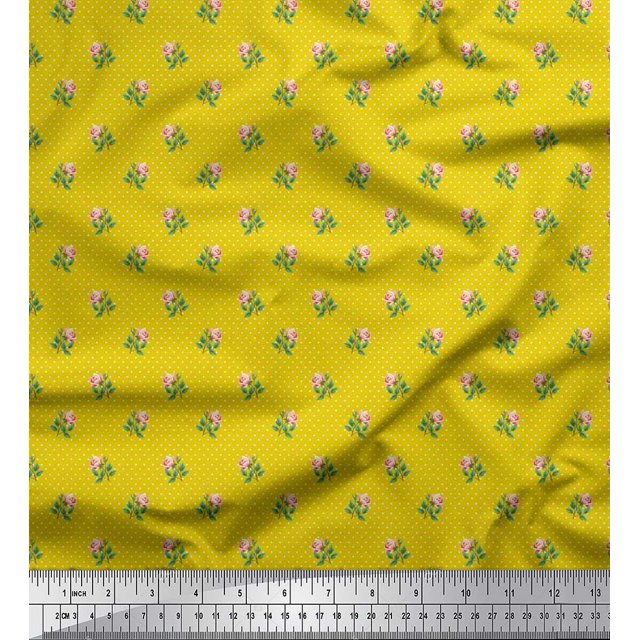Soimoi Tissu Crêpe Polyester à Pois, Feuilles & Roses Imprimé Floral au Mètre 42 Pouces de Large