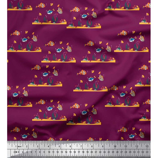 Soimoi Poly Georgette Fabric Coral & Fish Ocean Print Fabric by Yard 52 Inch Wide