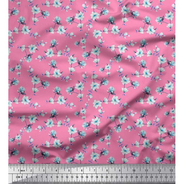 Soimoi polyester Crepe Fabric Leaves & Magnolia Floral Printed Fabric 1 Yard 42 Inch Wide