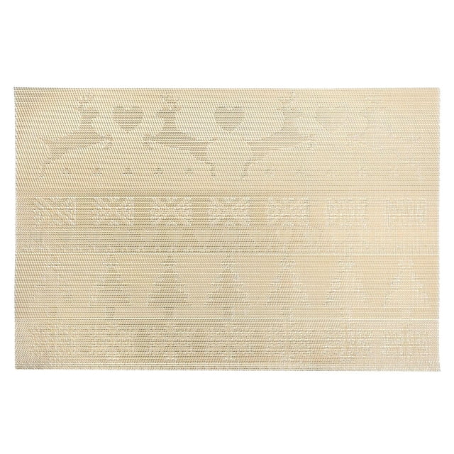 Vinyl Placemat (Reindeer And Tree) (Gold) - Set of 12 featuring a rectangular gold placemat with embossed Christmas-themed patterns including reindeer, trees, hearts, and snowflakes in horizontal bands, crafted from durable woven vinyl with a textured finish, ideal for festive table settings and reversible for easy cleaning.