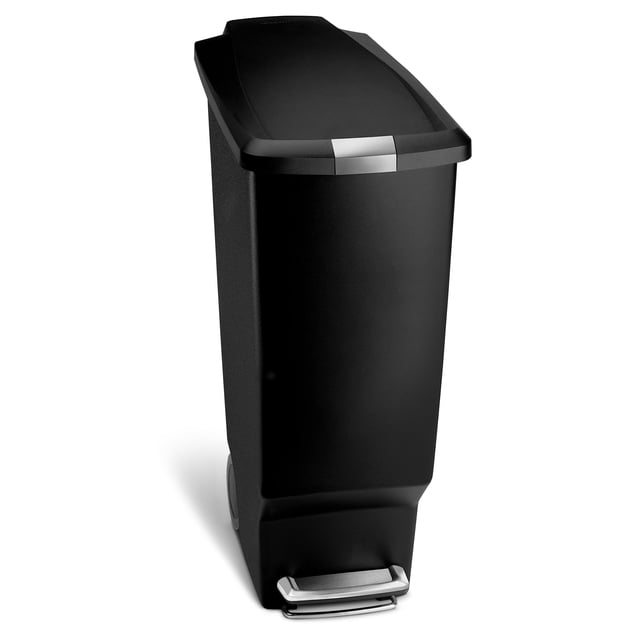 Simplehuman 40 Liter / 10.6 Gallon Slim Kitchen Step Trash Can with Secure Slide Lock in black plastic. The trash can features a space-efficient slim design, a strong steel pedal engineered for durability, and a patented lid shox technology for a silent close. Includes a slide lock to secure the lid, preventing access by pets or children. Compatible with code K custom fit liners for a cleaner trash experience.
