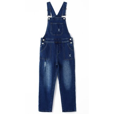 KIDSCOOL SPACE Big Boys Denim Overalls,Ripped Holes Elastic Band Inside Jeans Workwear,Blue,7-8 Years