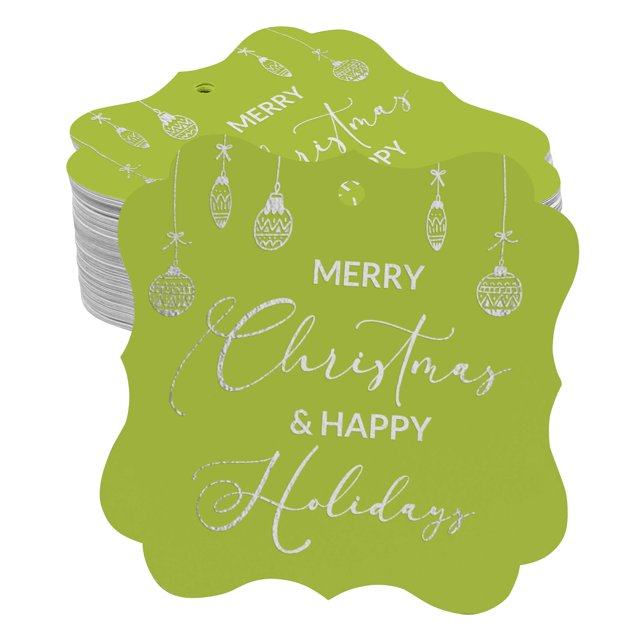 Inkdotpot Real Silver Foil Merry Christmas & Happy Text Tags Favor Bracket Shape Hang Pack Of 100 Paper Tags