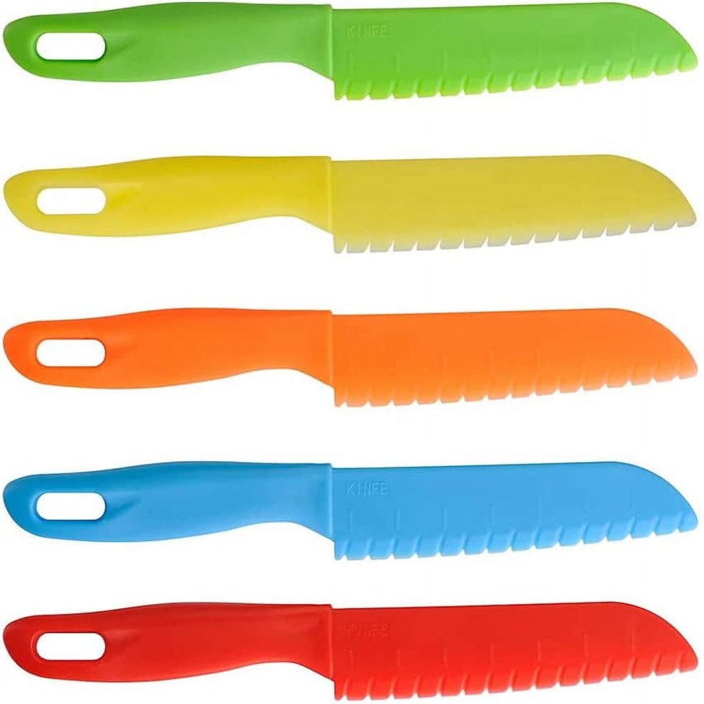 MesaSe Casewin 5 Pcs Kid Plastic Kitchen Knife Set  Safe Kitchen Knife Sawtooth Cutter Plastic Toddler Cooking Knives Children Paring Knives