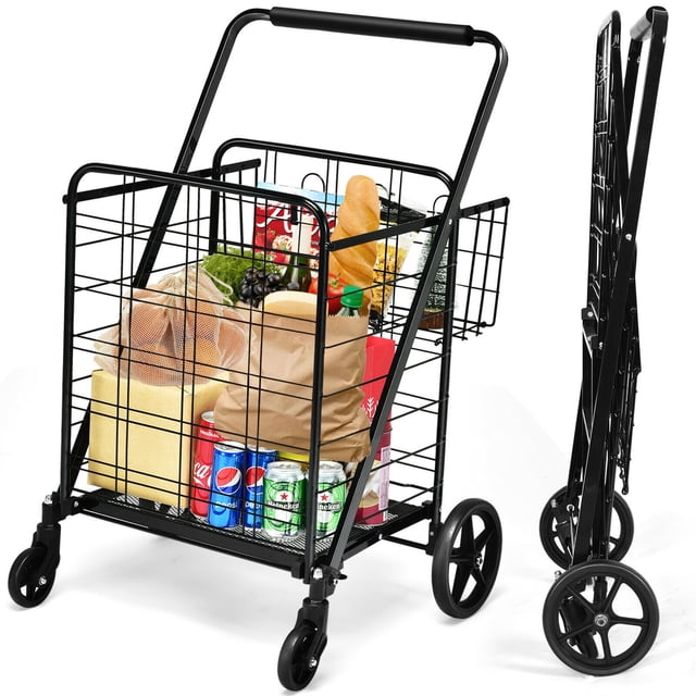 Gymax Chariot Utilitaire Pliant Robuste Jumbo à Double Panier 330 Lb Noir. un Chariot de Magasinage en Acier Noir avec un Panier Principal Spacieux Rempli d'Épicerie et un Panier Arrière Supplémentaire pour les Petits Articles. Comprend des Roues avant Pivotantes à 360 Degrés, de Grandes Roues Arrière et une Poignée Ergonomique Recouverte de Mousse. le Chariot Est Montré à la Fois en positions Entièrement Étendues et Pliées, Mettant en Valeur Sa Conception Pliable pour un Rangement Facile.