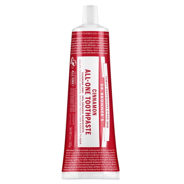 Dr. Bronner's Magic Soap Organic Cinnamon Toothpaste 140g fluoride-free, SLS-free cinnamon toothpaste with 70% organic, fair-trade ingredients to help remove plaque, whiten teeth and freshen breath; vegan, cruelty-free; no artificial colours or flavours, carrageenan, synthetic sweeteners or detergent foaming agents. Often used in travel toiletry kits for compact freshening.