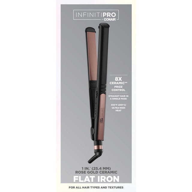 Infinitipro by Conair Fer Plat en Céramique Or rose de 1 Po (25,4 mm) avec Poignée Noire, Offrant un Contrôle des Frisottis en Céramique 8x et une Chaleur Ultra Élevée jusqu'à 455 °F (235 °C), Convient à Tous les types de Cheveux et à Toutes les textures, Idéal pour un Coiffage Rapide et Lisse.
