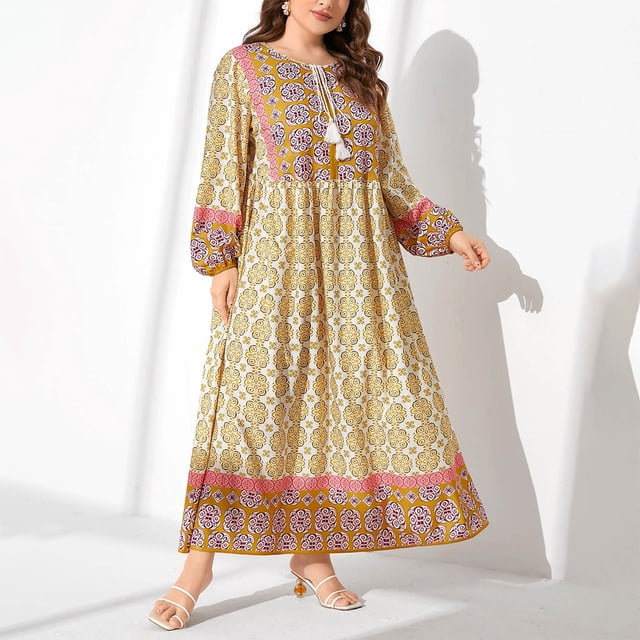 Ovzne Robes pour Femmes Robe d'Été Mode Grande Taille Style Ethnique Imprimé Col Rond Manches Longues Dentelle Taille Grand Ourlet Robe Femmes Robe Manches Longues Imprimée Liquidation