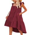 thumbnail image 3 of Women Summer Ruffled Sleeve Dress  Contrast Color/Solid Color Square Neck Irregular Hem Dress for Beach  Date, 3 of 6