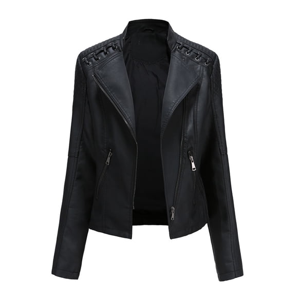 DondPO Leather Jacket Women Women Ladies Lapel Motor Jacket Coat Zip Biker Short Punk Cropped Tops Leather Blazer Women Black Leather Jacket Black M Clearance!