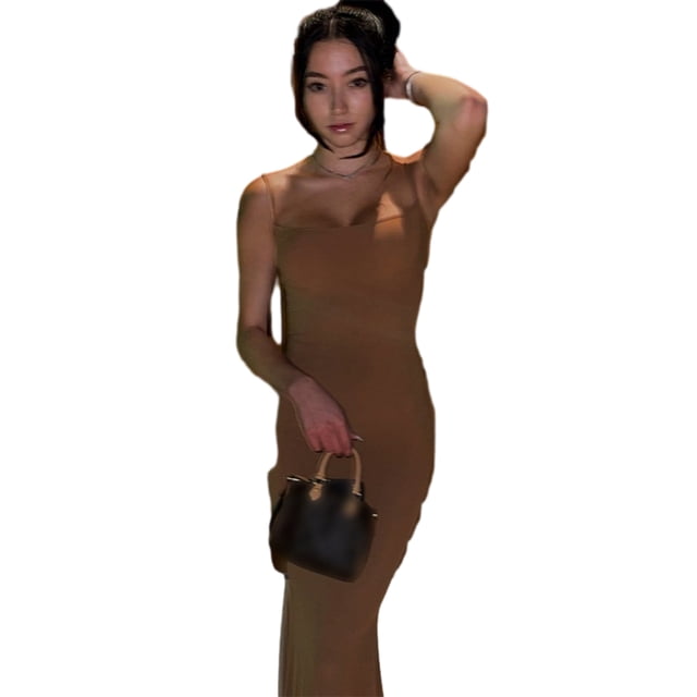 stanreset Jupe Longue Bodycon Robe de Soirée Vêtements pour Cami Spaghetti Sans Manches Forme de Corps Polyvalent Jolie Tenue d'Été Brun/XS