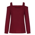 thumbnail image 4 of IROINID Liquidation T-Shirts à Manches Longues pour Femmes Décontractés Col Rond Épaules Dégagées Chandails Légers Couleur Unie Hauts Ajustés, Rouge, 4 of 9