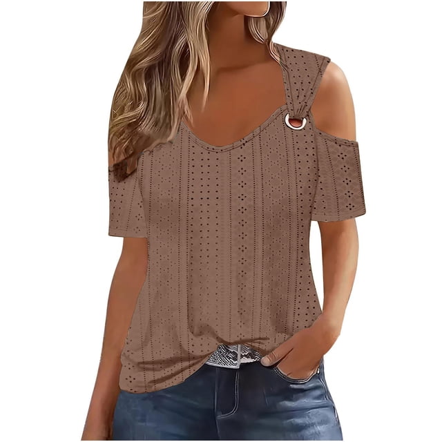 Timegard Womens Plus Size Tops Eyelet V-Neck Short Sleeve Cold Shoulder Summer Dressy Casual Tunic Tops