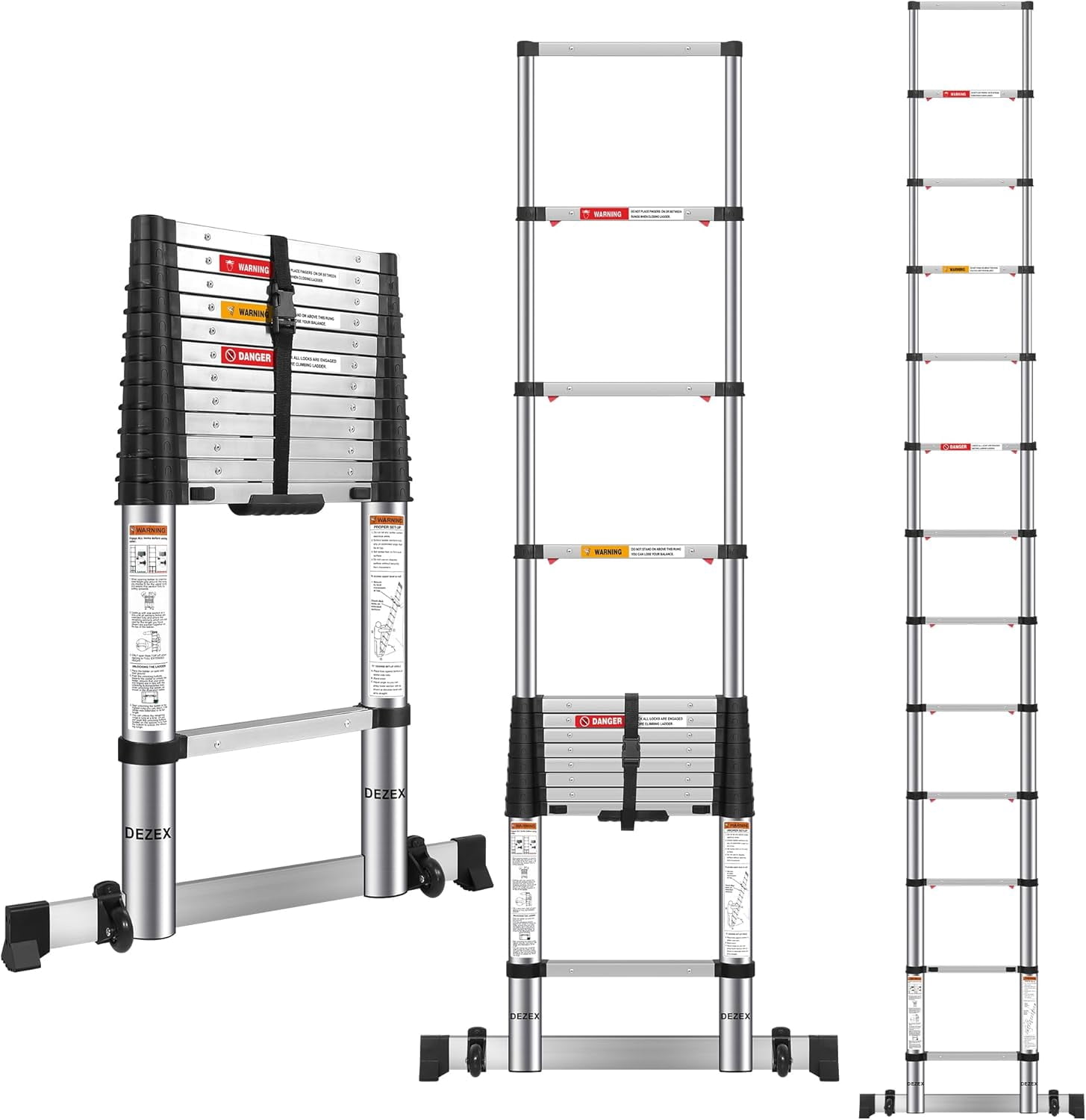 12.5 FT Stainless Steel Telescoping Ladders - One-Button Retraction Collapsible Extension Ladder for Home,RV,Attic,Lasts 330 LBS with Balance Bar and Wheels