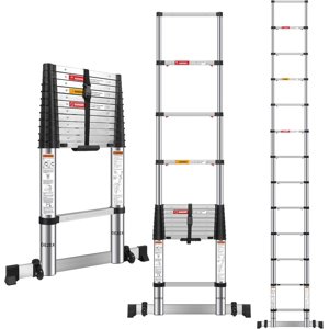 12.5 FT Stainless Steel Telescoping Ladders - One-Button Retraction Collapsible Extension Ladder for Home,RV,Attic,Lasts 330 LBS with Balance Bar and Wheels